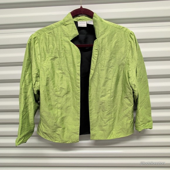 Bleo Bayou Silk Jacket Womens Medium Lime Green Textured Open Front 3/4 Sleeve — photo 2